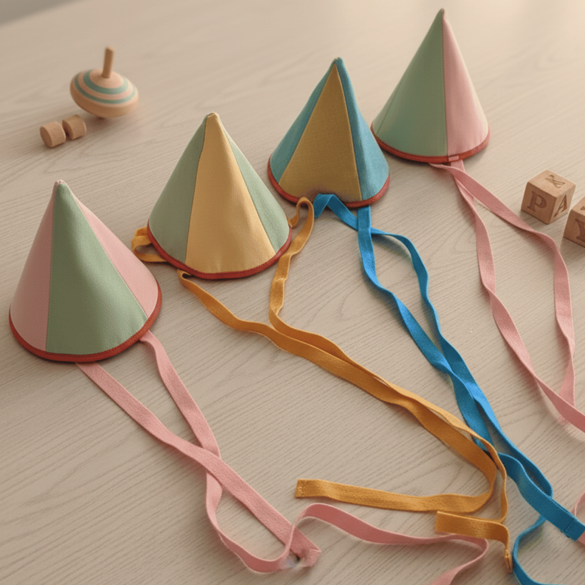 Colorful party hats with ribbons on a wooden surface