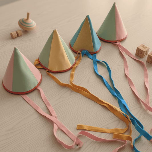 Colorful party hats with ribbons on a wooden surface